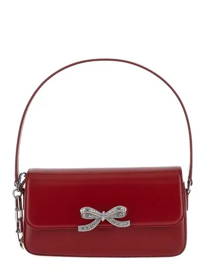 Self-portrait Red Shoulder Bag With Crystal Bow Detail In Smooth Leather Woman