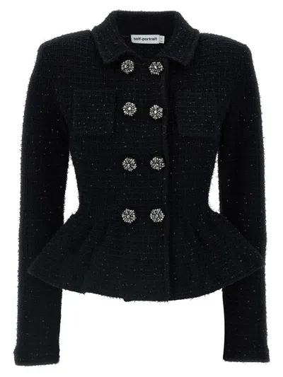 Self-portrait Textured Knit Peplum Hem Jacket In Black