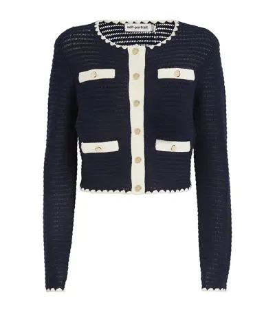 Self-portrait Contrast-trim Crochet Cardigan In Navy