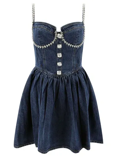 Self-portrait Diamante Denim Flared Dress In Blue