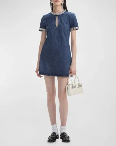 Self-portrait Embellished Denim Short-sleeve Mini Dress In Blue