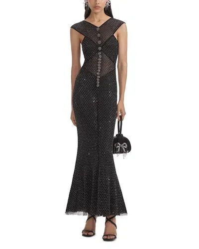 Self-portrait Embellished Fishnet Gown In Black