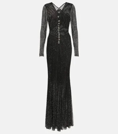 Self-portrait Embellished Fishnet Gown In Black