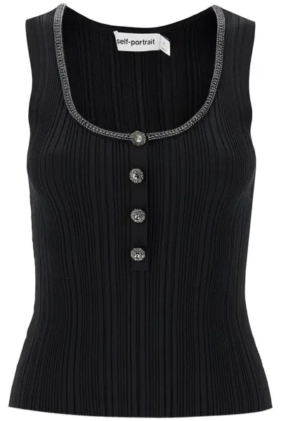 Self-portrait Embellished Ribbed Tank Top In Black