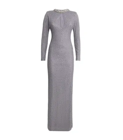 Self-portrait Fishnet Embellished Maxi Dress In Grey