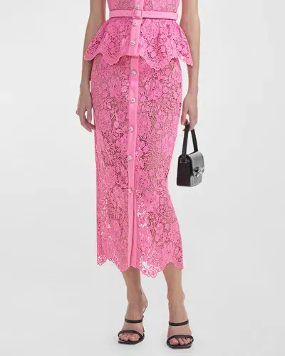 Self-portrait Floral Lace Fitted Midi Skirt With Belt In Pink