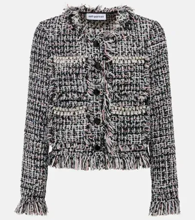 Self-portrait Fringed Bouclé Jacket In Schwarz