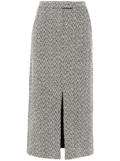 Self-portrait Herringbone Long Skirt In Black Polyester Blend In Grey