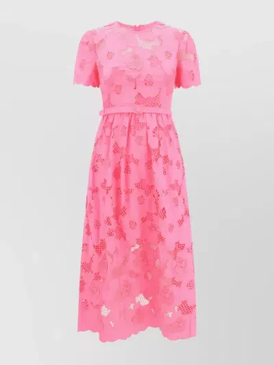 Self-portrait Lace Floral Midi Dress With Belted Waist In Pink