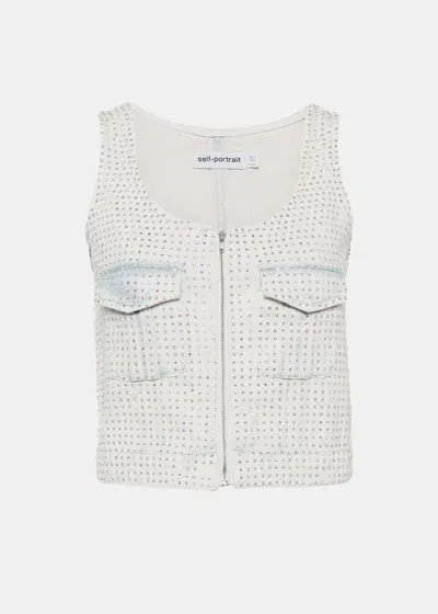 Self-portrait Rhinestone-embellished Denim Top In Light Blue