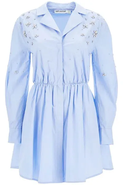 Self-portrait Embellished Cotton Mini Dress In Light Blue