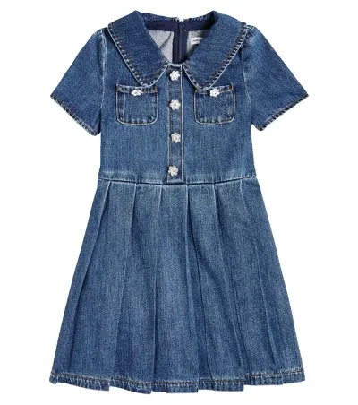 Self-portrait Kids' Pleated Denim Dress In Blue