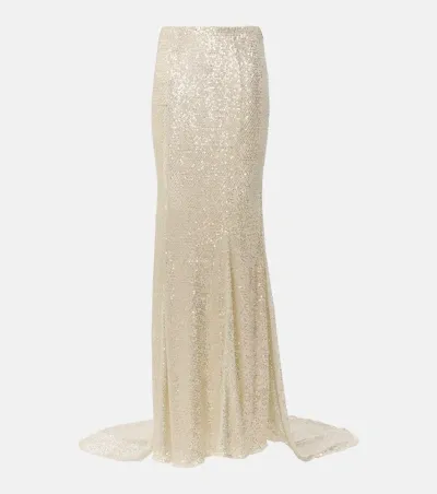 Self-portrait Rhinestone-embellished Mesh Maxi Skirt In Beige