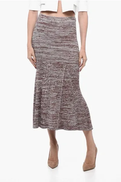 Self-portrait Ribbed Stretchy Skirt With Flared Hem In Gray