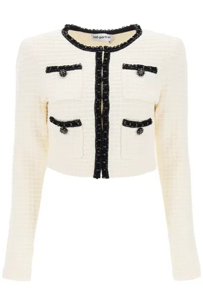 Self-portrait Sequin Knit Cardigan In White