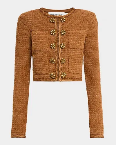 Self-portrait Textured Knit Jacket In Brown