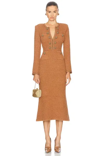 Self-portrait Textured Knit Midi Dress In Brown