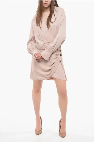 Self-portrait Viscose Wrap Dress With Notch Lapel In Neutral