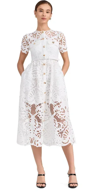 Self-portrait White Cotton Lace Button Midi Dress White