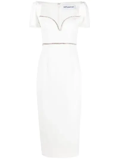 Self-portrait White Diamante Trim Split Crepe Midi Dress