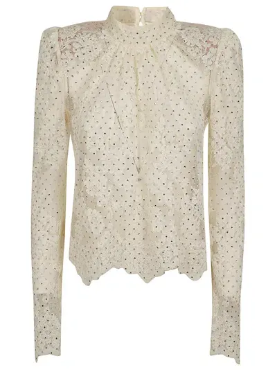 Self-portrait White Rhinestone Lace Top In Neutrals