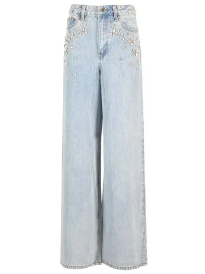 Self-portrait Rhinestones Wide Leg Denim Jeans In Light Blue