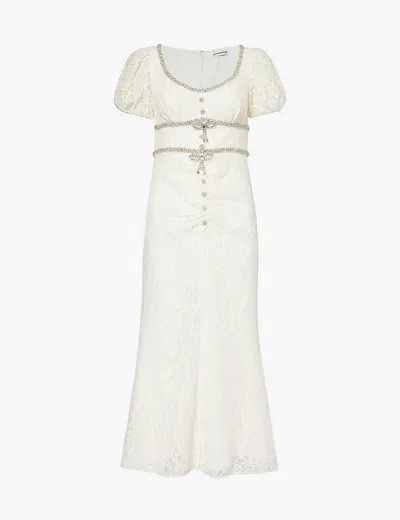 Self-portrait Womens Cream Crystal-embellished Puff-sleeve Lace Midi Dress In Bianco