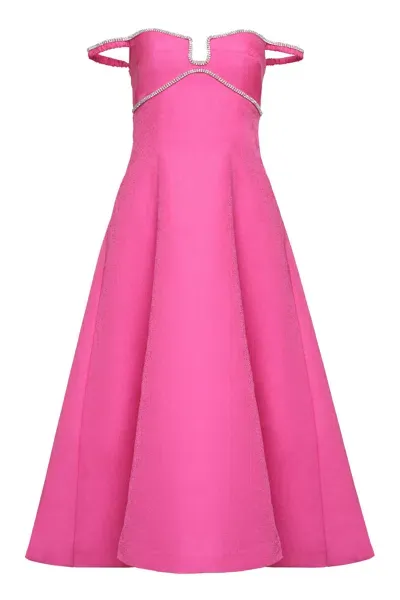 Self-portrait Off-shoulder Flared Midi Dress With Crystal Embellished Detailing In Pink Satin Woman In Fuchsia