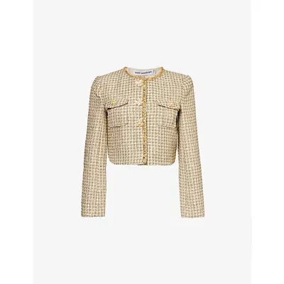 Self-portrait Womens Gold Cropped Padded-shoulder Woven-blend Jacket