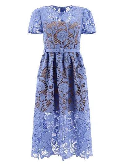 Self-portrait Lace Detailed Short-sleeved Midi Dress In Light Blue