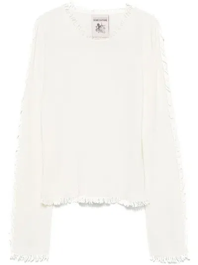 Semi-couture Isobel Wool Blend Sweater With Fringes In White