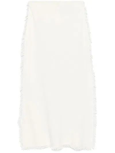 Semi-couture Wool Blend Grace Long Skirt With Fringes In White