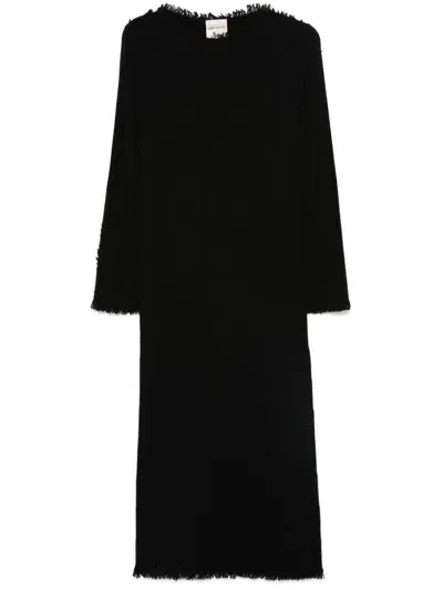 Semi-couture Wool Blend Justine Long Dress With Fringes In Black