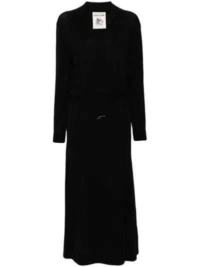 Semicouture Belted Wool Long Dress In Black