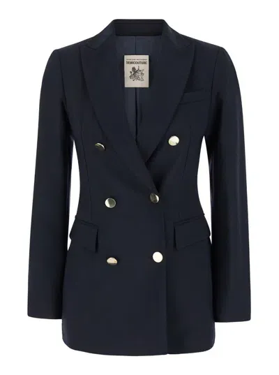 Semicouture Blue Double-breasted Jacket With Golden Buttons In Wool Blend Woman