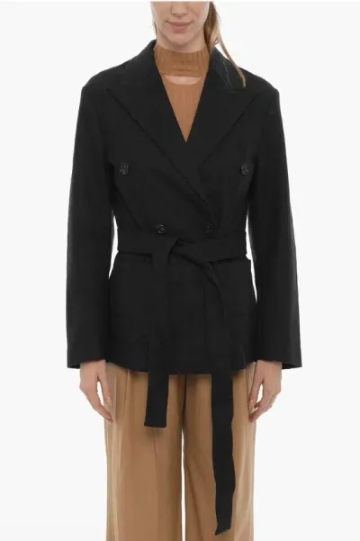 Setchu Solid Color Double-breasted Blazer With Side Slits In Blk