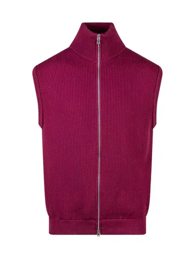 Seven Gauge Merinos Full Zipper Vest In Red