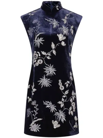 Shanghai Tang Beaded Velvet Qipao Dress In Blue