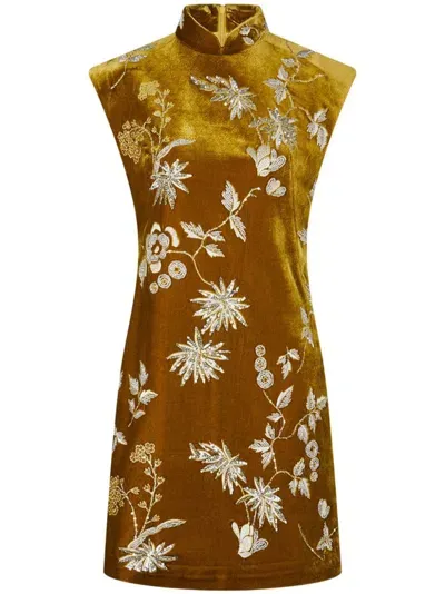 Shanghai Tang Beaded Velvet Qipao Dress In Brown