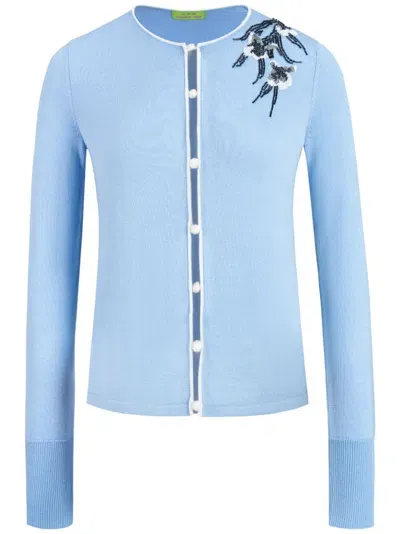 Shanghai Tang Embroidered Round-neck Cardigan In Blue