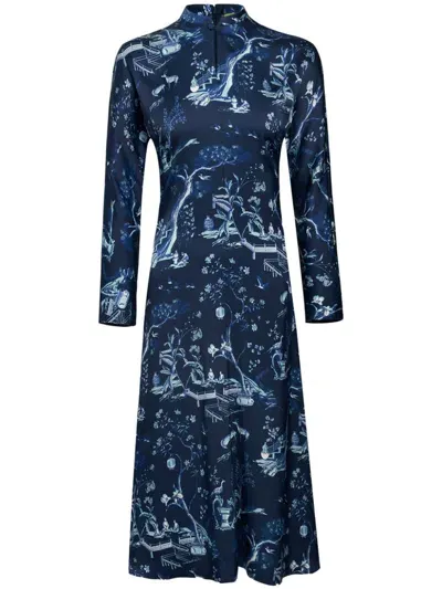 Shanghai Tang Long-sleeve Silk Midi Dress In Blue