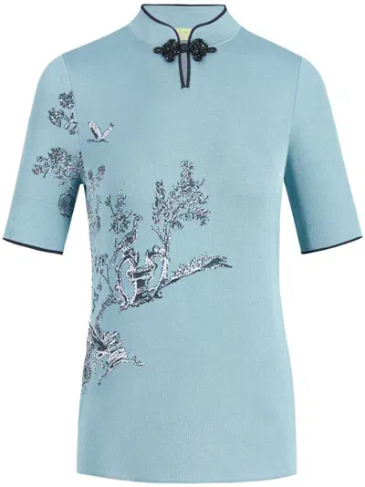 Shanghai Tang Mandarin-collar Jacquard Top In Blue