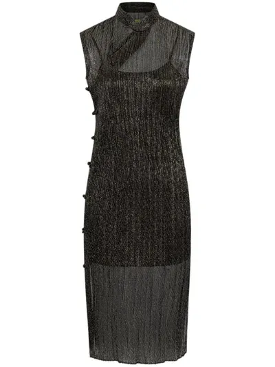 Shanghai Tang Metallic-effect Sleeveless Midi Dress In Black