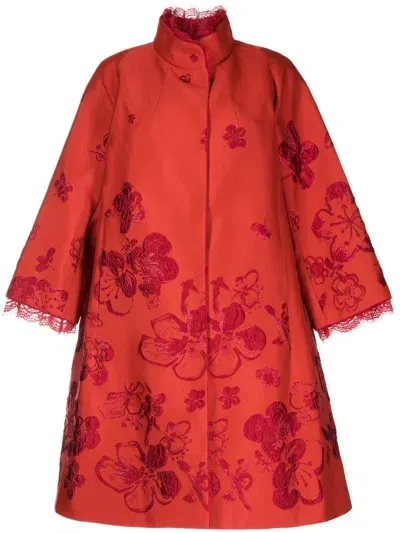 Shiatzy Chen Lace-collar Embroidered Coat In Red