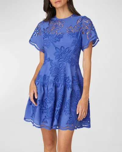 Shoshanna Petra Tiered Eyelet Embroidered Mini Dress In Amparo Blu