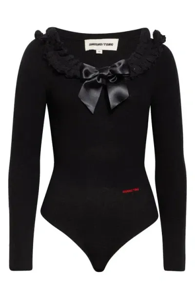 Shushu-tong Shushu/tong Bow Ruffle Neck Long Sleeve Rib Bodysuit In Black