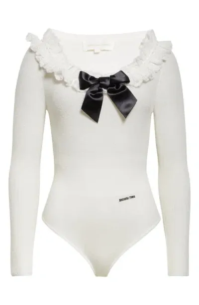 Shushu-tong Shushu/tong Bow Ruffle Neck Long Sleeve Rib Bodysuit In White