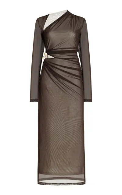 Significant Other Nina Ruched Cutout Mesh Midi Dress In Brown