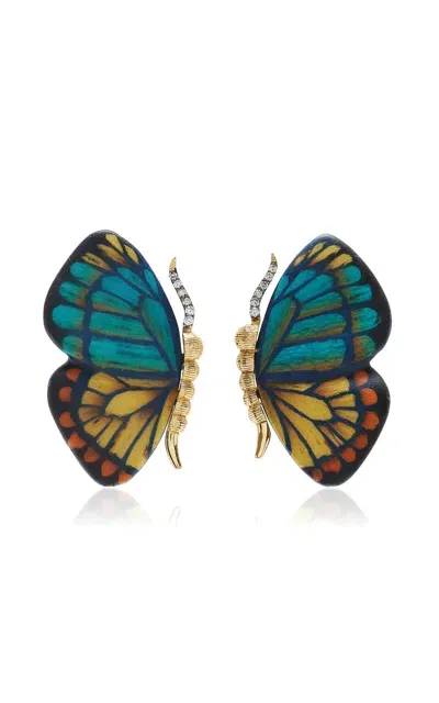 Silvia Furmanovich Mini Butterfly 18k Yellow Gold Marquetry Wood Earrings In Multi