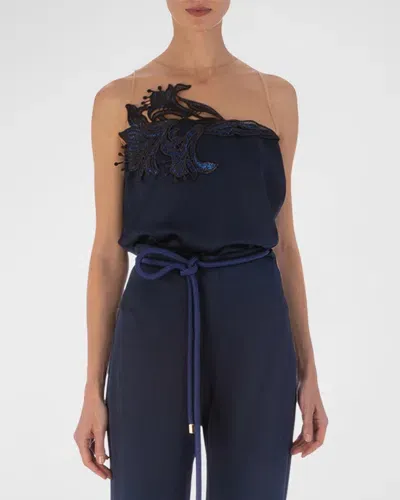 Silvia Tcherassi Brisa Metallic Floral-lace Sleeveless Illusion Blouse In Navy